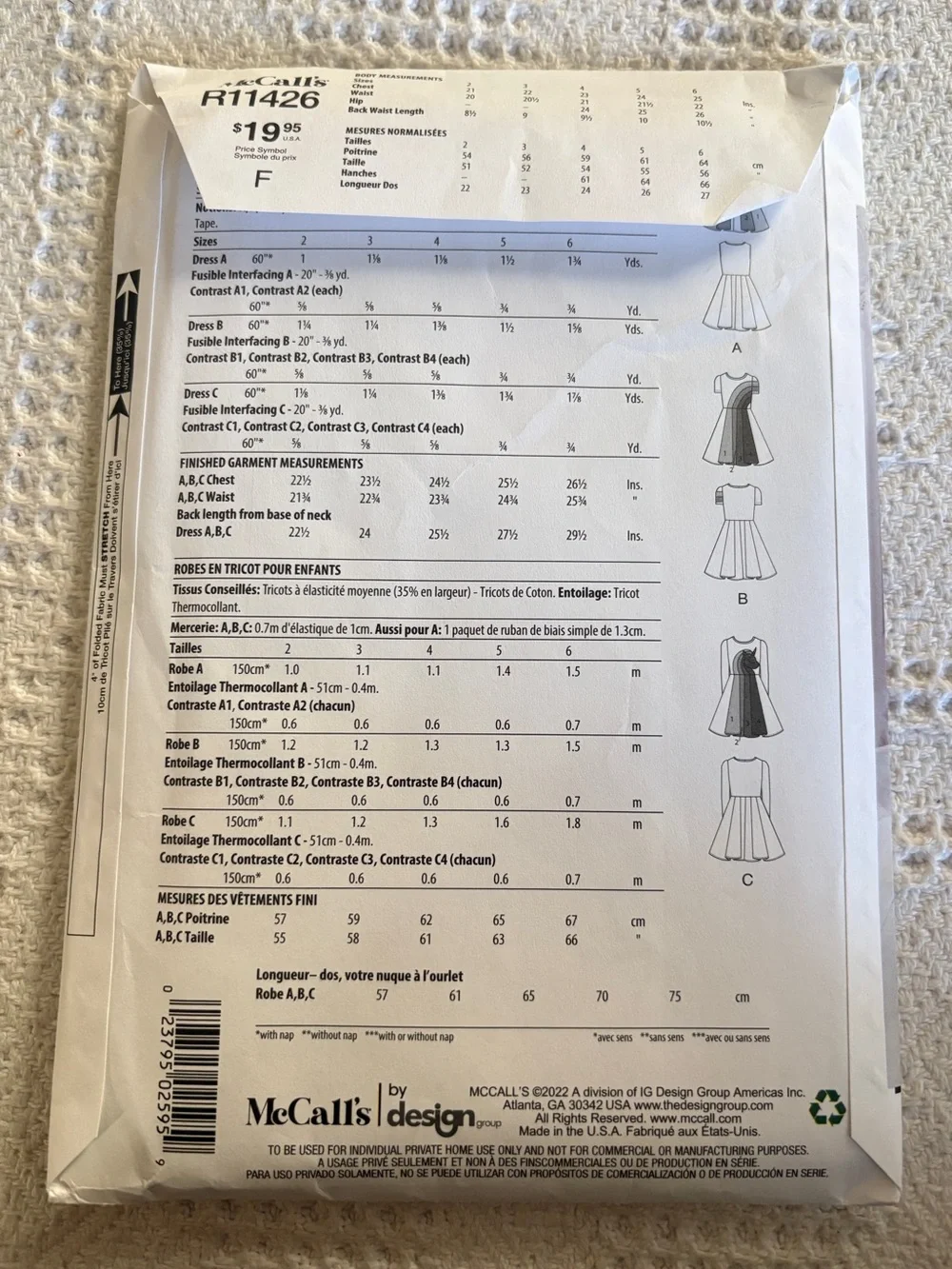 McCall’s Pattern R11426A for Toddler/Child’s Knit Dresses